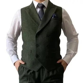 Мужской двубортный жилет из зимней шерсти в елочку, твидовый жилет, приталенный повседневный костюм, жилет, джентльменская свадебная одежда, зеленый