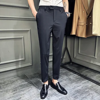 Летние тонкие брюки без железа, против морщин, высокая эластичность, ледяной шелк, хлопковые повседневные брюки делового качества, мужские брюки, брюки