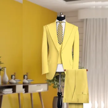 Повседневные желтые мужские костюмы из 3 предметов, куртка, брюки, жилет, роскошный блейзер для выпускного вечера, однобортный, с заостренным лацканом, приталенный, элегантный дизайн