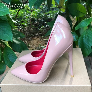 Tikicup Глянцевые лакированные элегантные туфли-лодочки телесного цвета на шпильке, женские пикантные туфли на высоком каблуке с острым носком, без шнуровки, для свадебной вечеринки, Размер 46