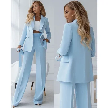Модные двубортные брюки с отворотом, комплекты небесно-голубых базовых повседневных формальных офисных женских блейзеров из 2 предметов и брюк полной длины.