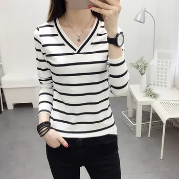 Женская футболка Осень-зима, свободная рубашка с длинными рукавами и V-образным вырезом, внутренняя одежда, Корейский модный топ в черно-белую полоску, повседневная одежда Y2K, топ