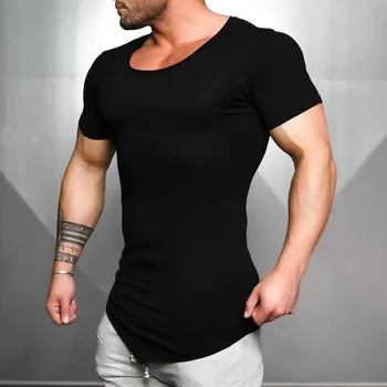 B7171 Мужская облегающая футболка для фитнеса, Хлопковая облегающая футболка для мужчин, бодибилдинг