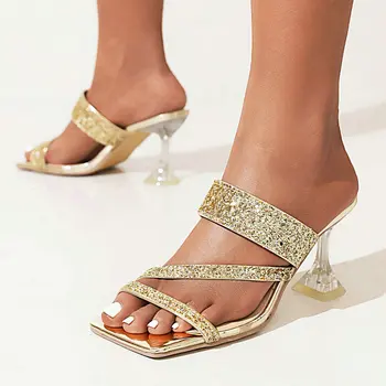 Летняя одежда 2022 года, расшитая серебряными и золотыми блестками, Блестящие побрякушки, Пикантная женская обувь, Прозрачные тапочки на каблуках, Босоножки-слайды, Размер 46