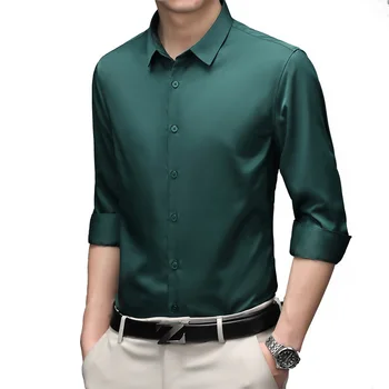 6XL Чистый цвет, легкий уход, официальная деловая гладкая Мягкая офисная / рабочая одежда, мужская рубашка-стрейч стандартной посадки с длинным рукавом, приталенный крой